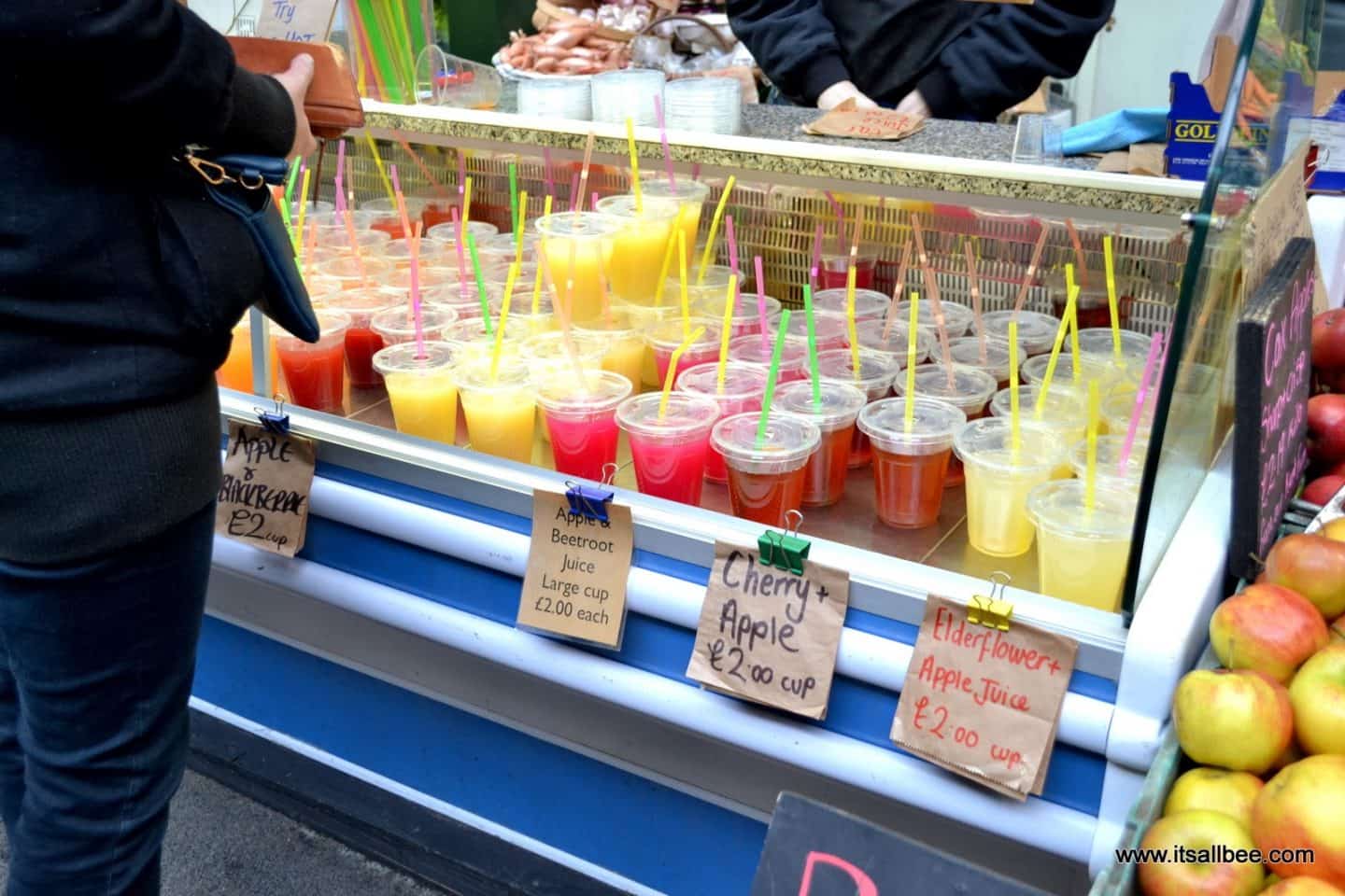 breakfast at borough market - A guide to Borough Market | Exploring London Through Food #london #food #foodguide #markets #citybreak #exploring #breakfast Juice Stalls Borough Market
