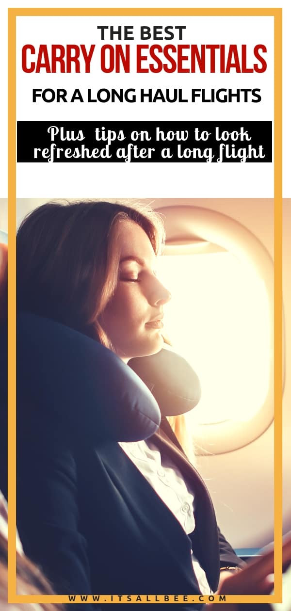 Airplane Essentials for long flights - Tips and Tricks on How to Look Refreshed - Tips for long flights, flight essentials, carry on essentials for long flights; sleep mask, ear plugs, travel pilliow, water bottle, and other travel essentials 
