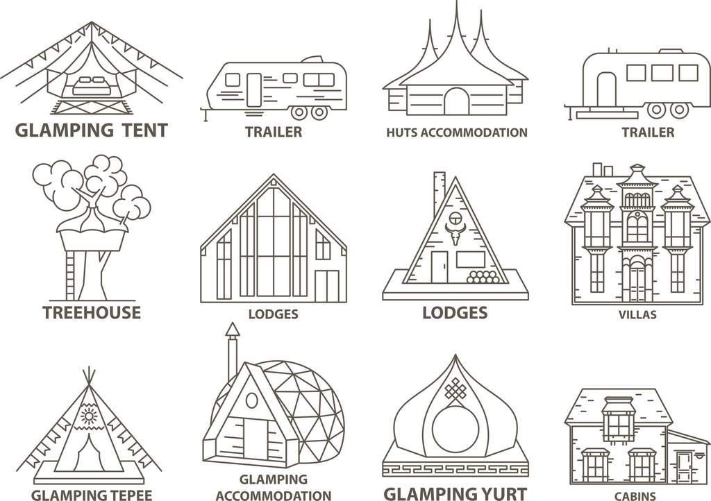 Glamping accommodation styles; glamping tent, trailer, huts, lodges, glamping tepee, yurt and cabins