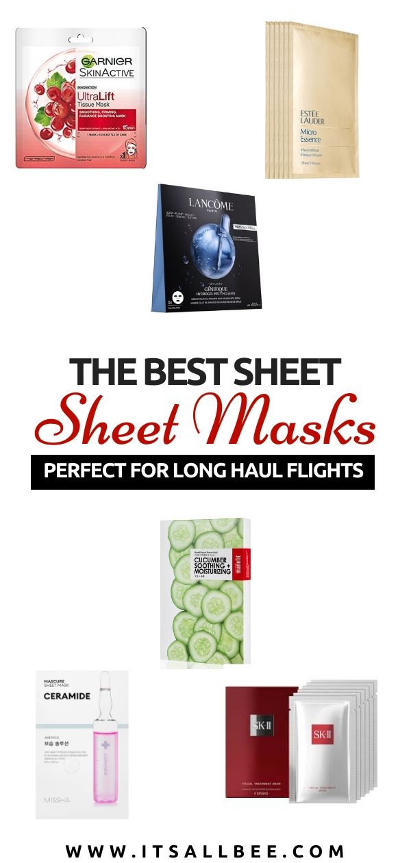 Best sheet masks For Flights - Top 15 moisturising sheet masks perfect for flights to arrive looking rested and refreshed. Includes the best Korean sheet mask, sheet mask for sensitive skin, sheet mask for glowing skin and more. #Garnier #SKII #lemer #esteelauder #itsallbee #clarins #origins #lancome #missha #skincare #beauty #essentials 