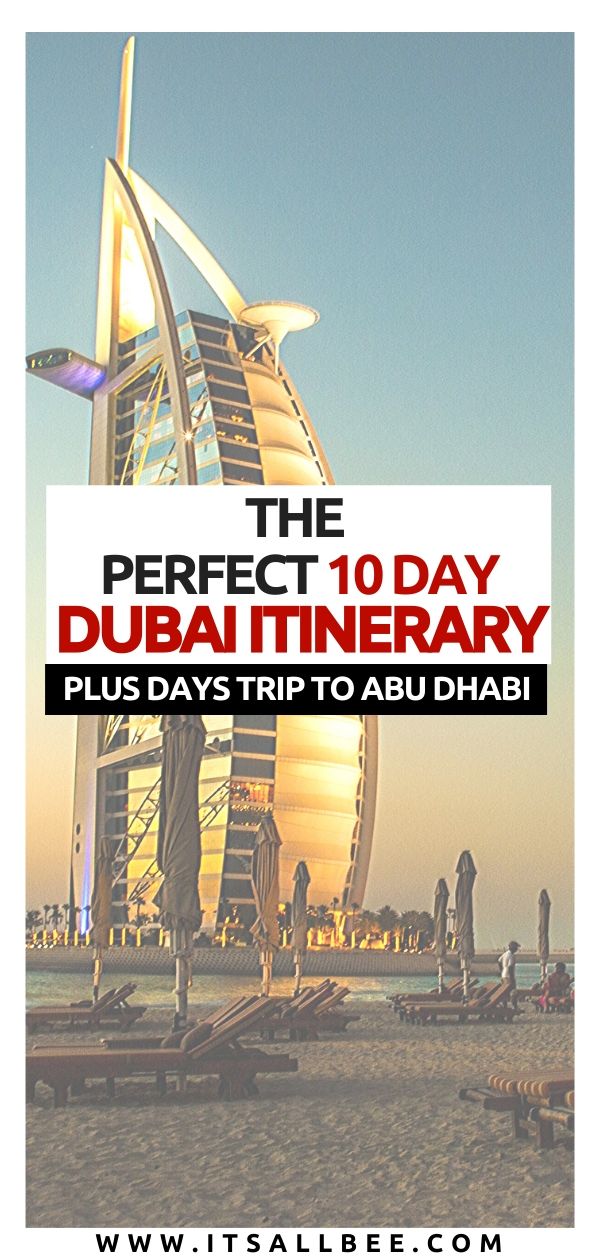 Dubai Itinerary 7 Days - 10 Days - The perfect Dubai itinerary with Abu Dhabi day trips as well as Sharjah. A detailed UAE itinerary filled with adventures. Taking in views from Burj Khalifa, High Tea at Burj Al Arab, trip to Sheikh Zayed Mosque. Cool tours and the best beaches in Dubai to check out. Tips on where to stay in Dubai, what to wear in Dubai and more. Plan your trip to Dubai with ease. #middleeast #traveltips #adventure #arab #emirates