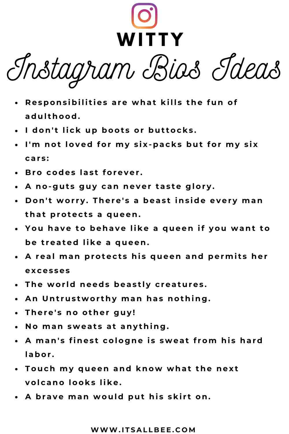 Guide to cool ideas for Instagram bios for guys. Short, savage, funny and witty quotes and captions for profile