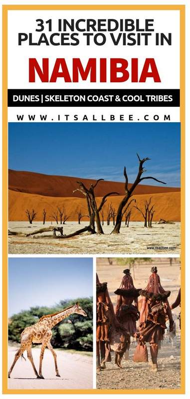 Amazing places to visit in Namibia - Tops tips on the best places to visit in Namibia Africa - From Deadvlei, Sossusvlei, Himba people, Skeleton Coast, Etosha Park, Walvis Bay, Swakopmund, Dune 45 and experience sandboarding and dune bashing, kayaking the Atlantic, and amazing safari parks. #africa #traveltip #adventure #sandboarding #flights #packingtips www.itsallbee.com