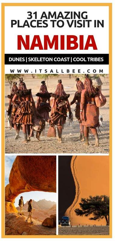 Amazing places to visit in Namibia - Tops tips on the best places to visit in Namibia Africa - From Deadvlei, Sossusvlei, Himba people, Skeleton Coast, Etosha Park, Walvis Bay, Swakopmund, Dune 45 and experience sandboarding and dune bashing, kayaking the Atlantic, and amazing safari parks. #africa #traveltip #adventure #sandboarding #flights #packingtips www.itsallbee.com