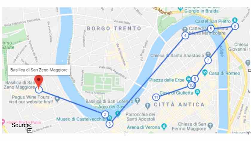 Map of places to visit in Verona in one day